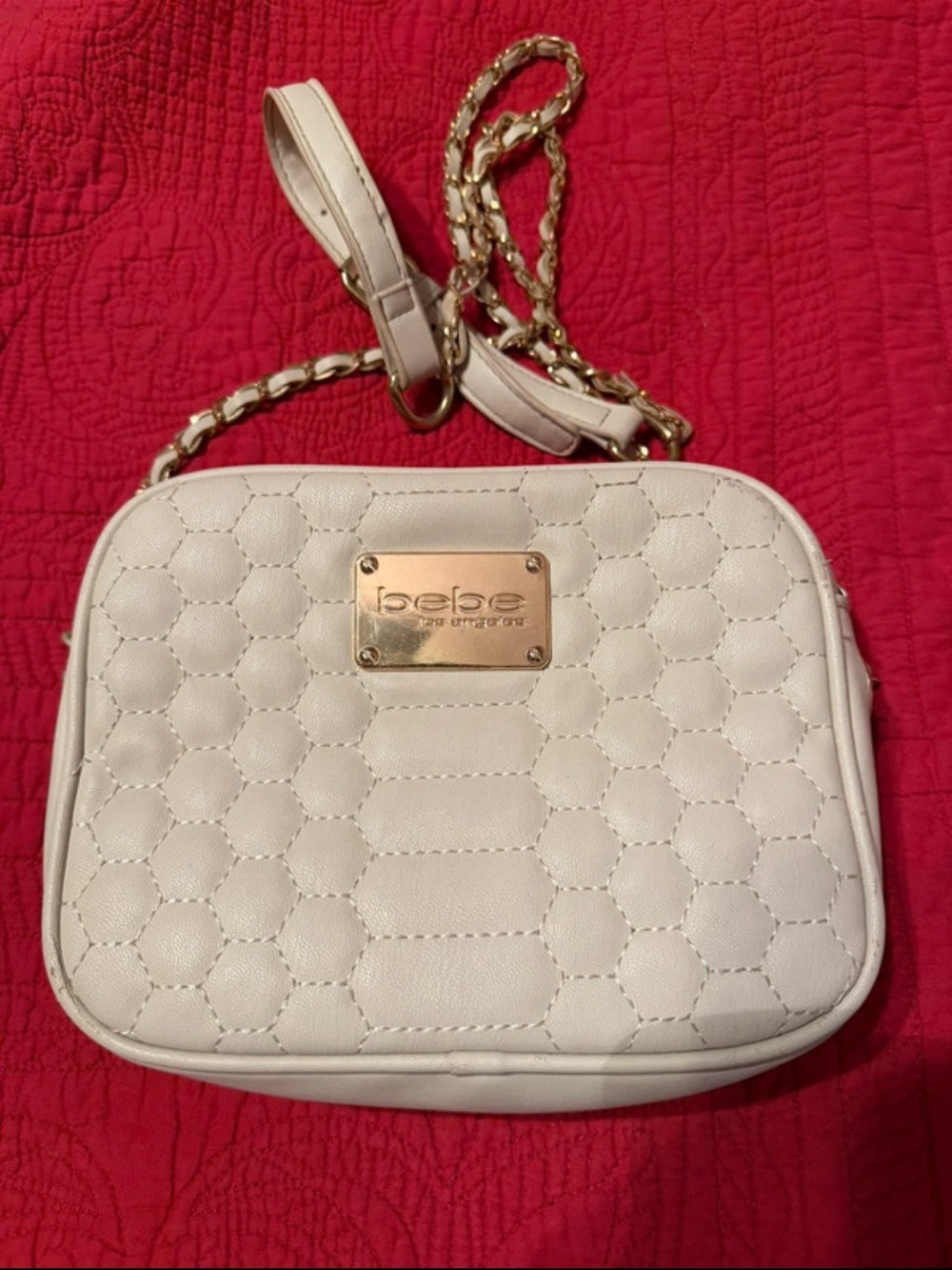 bebe Cream Quilted Crossbody with Gold Plaque